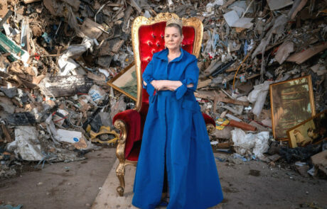 Jacqueline O'Donovan with a crown, thrown and waste behind her